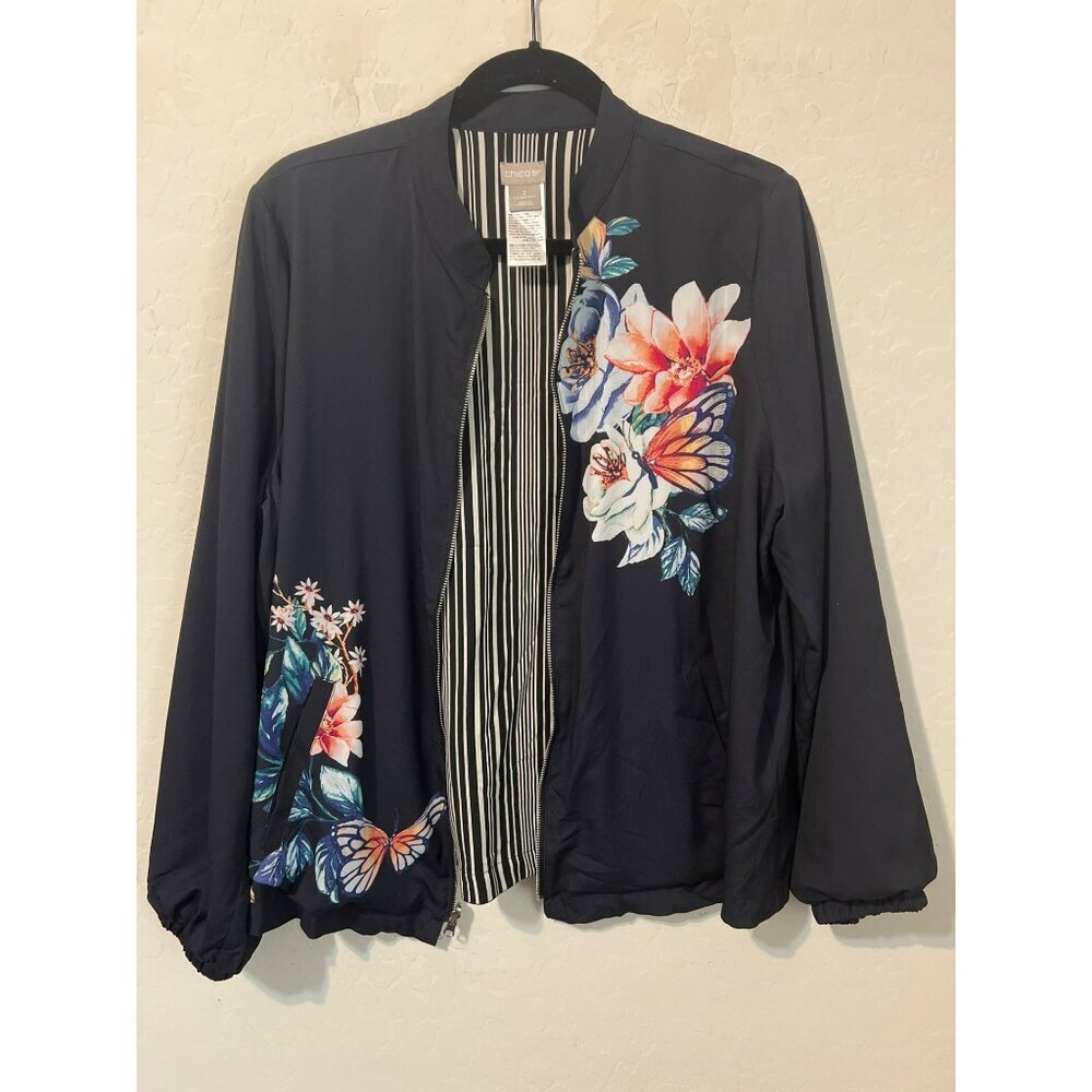 Chico's Sz 2 (US 12/14 L) Reversible Silky Jacket BW Stripe Navy Floral Gorgeous